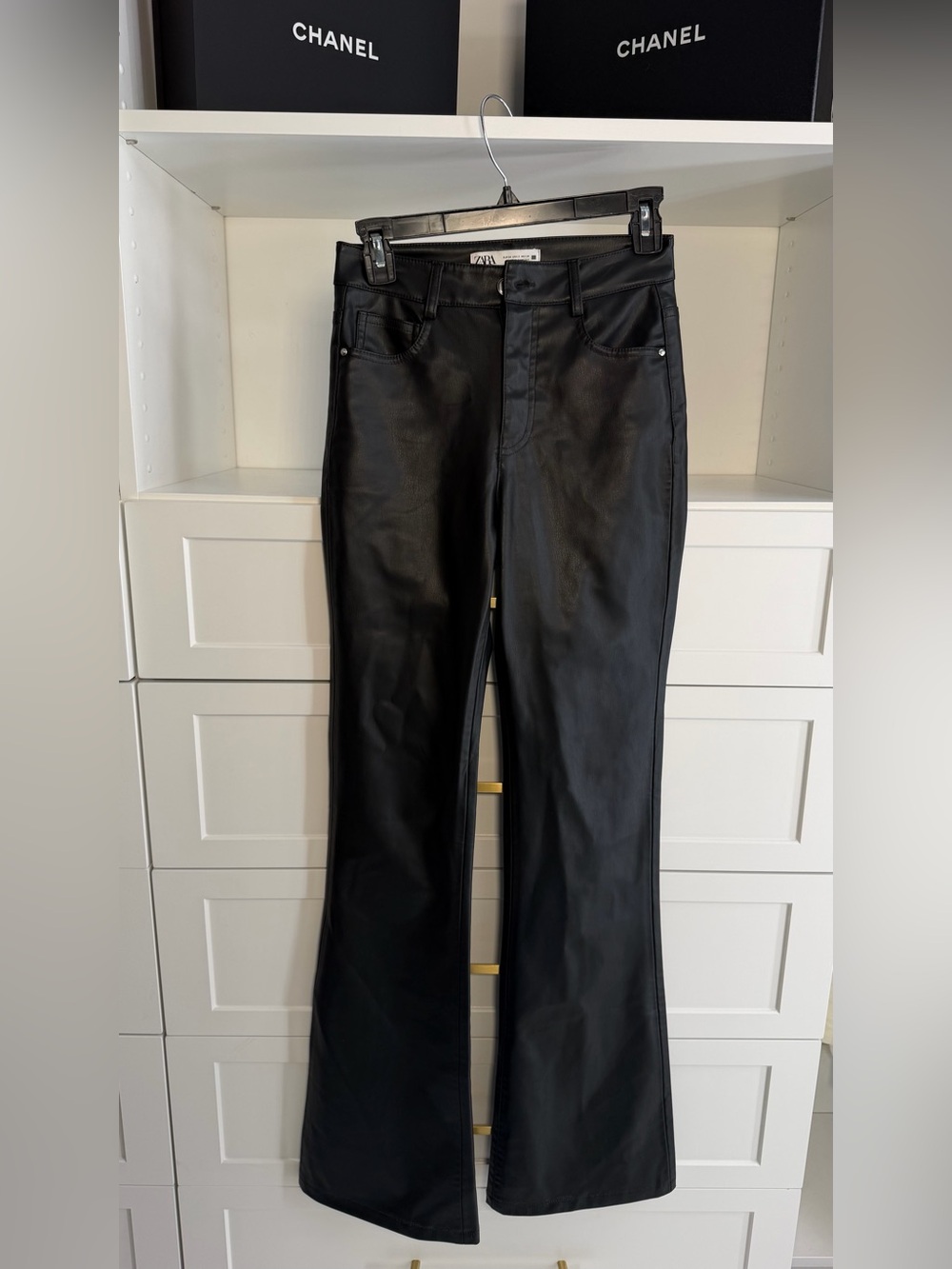 Zara Black Faux-Leather Flared Jeans